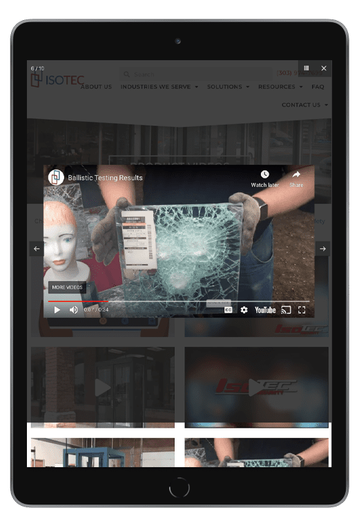 Isotec website screenshot of ballistic testing results video on tablet